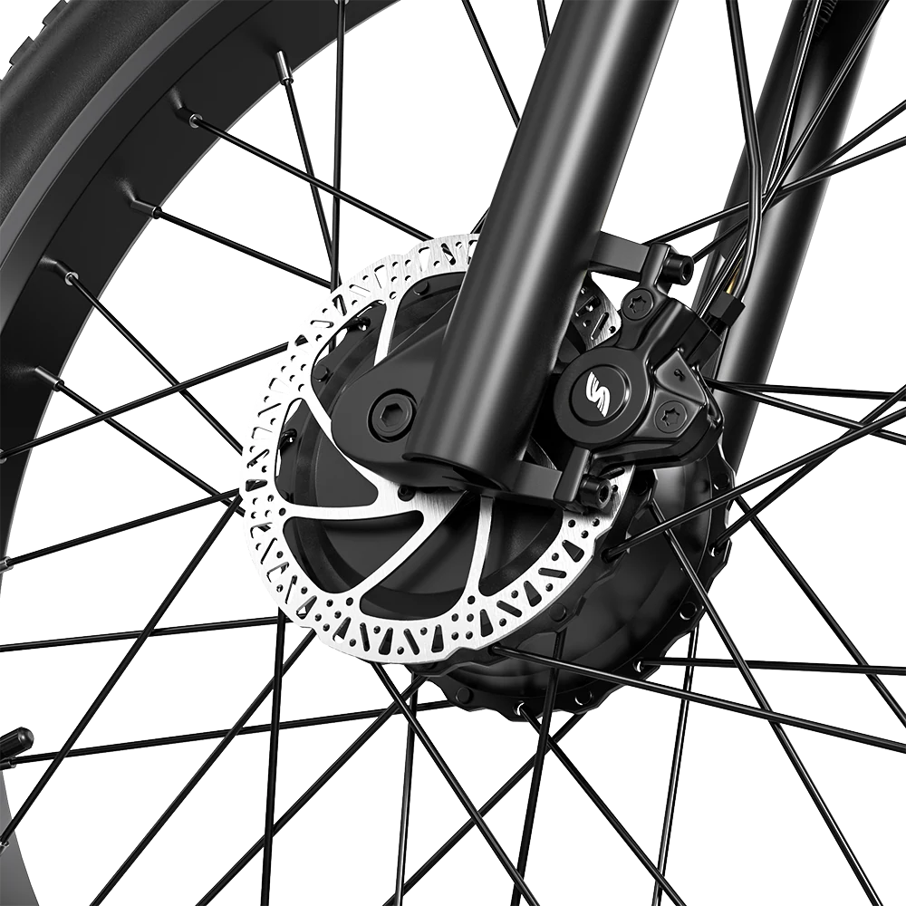 Close-up of the Shengmilo S700 PRO front disc brake rotor and caliper.