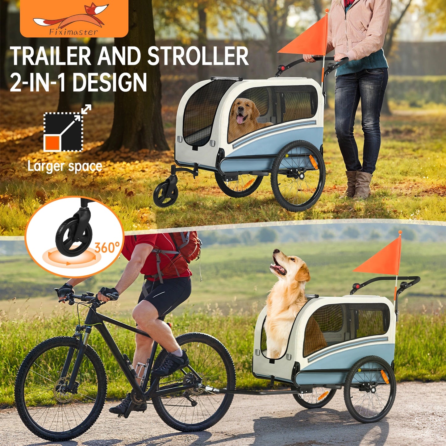 Bike Trailers 10202NS | 2-in-1 Pet Bike Trailer & Jogging Stroller - 50kg Capacity with Suspension & Adjustable Handlebar