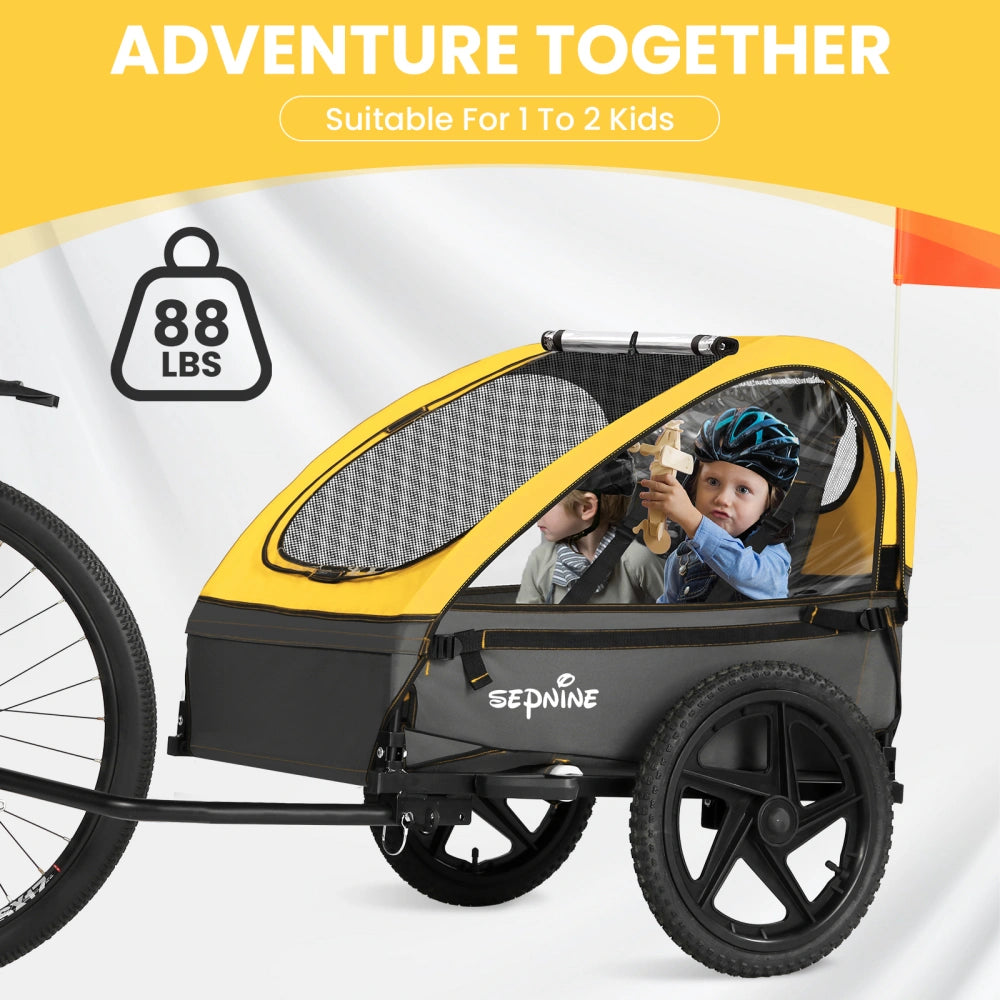 Bike Trailers BT609 |Double Child Bike Trailer with 5-Point Safety Harnesses - Fits 1-2 Kids