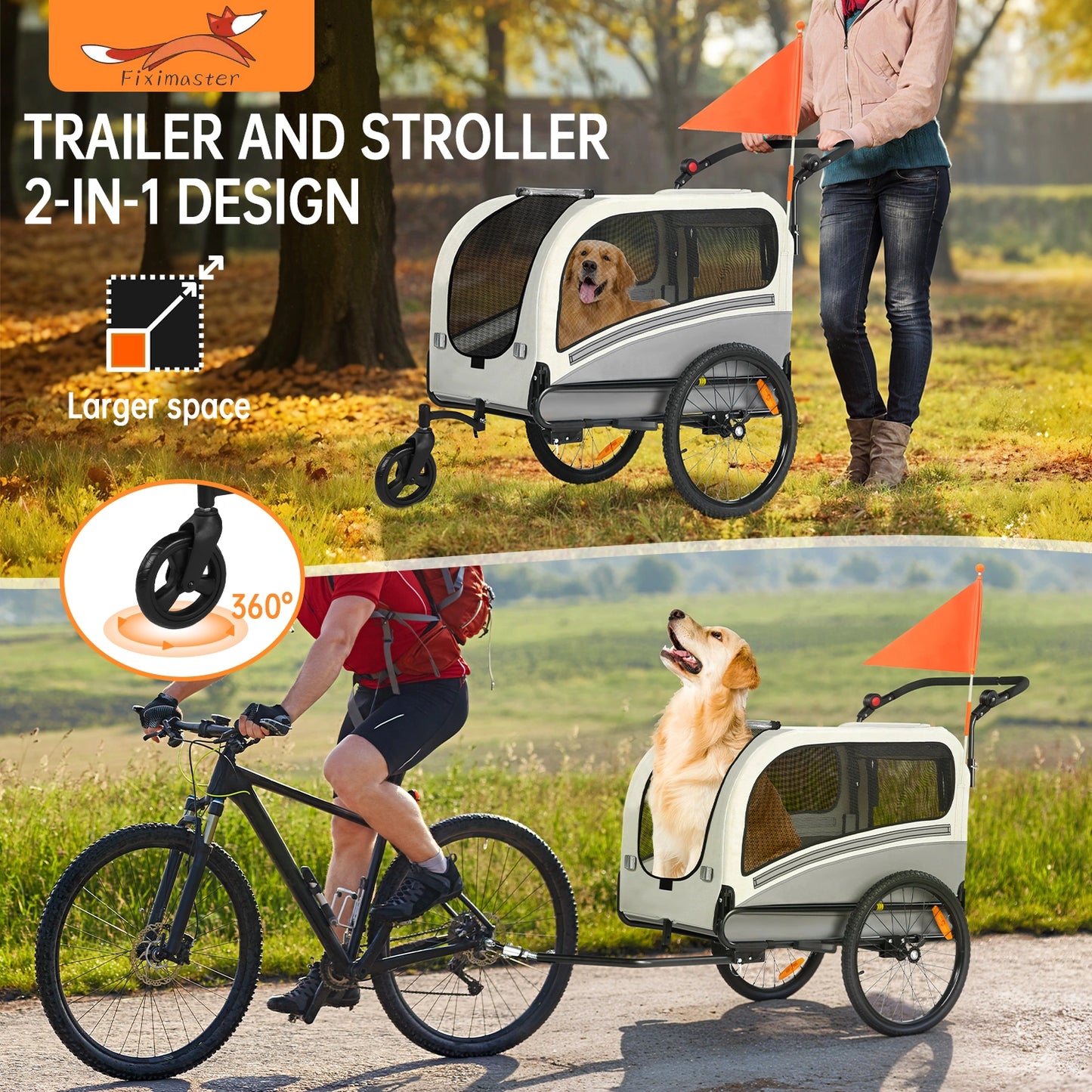 Bike Trailers 10202NS | 2-in-1 Pet Bike Trailer & Jogging Stroller - 50kg Capacity with Suspension & Adjustable Handlebar