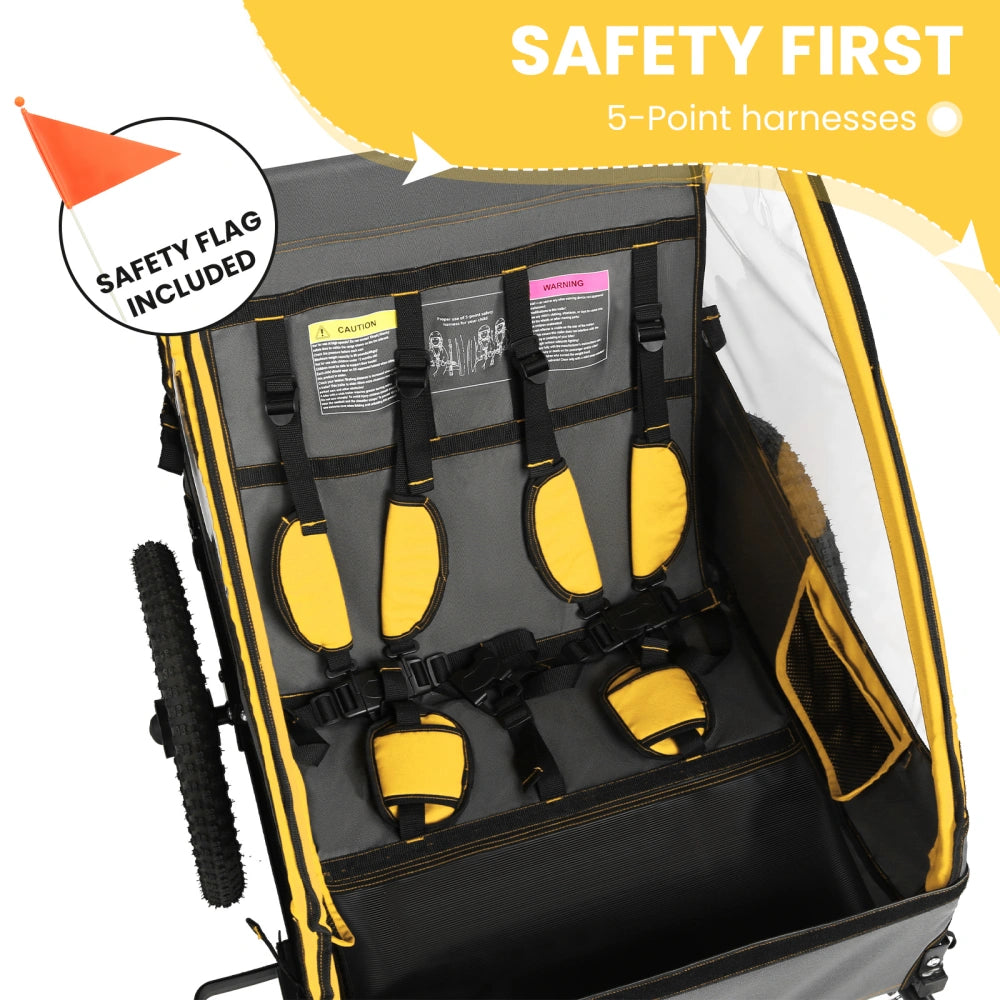 Bike Trailers BT609 |Double Child Bike Trailer with 5-Point Safety Harnesses - Fits 1-2 Kids