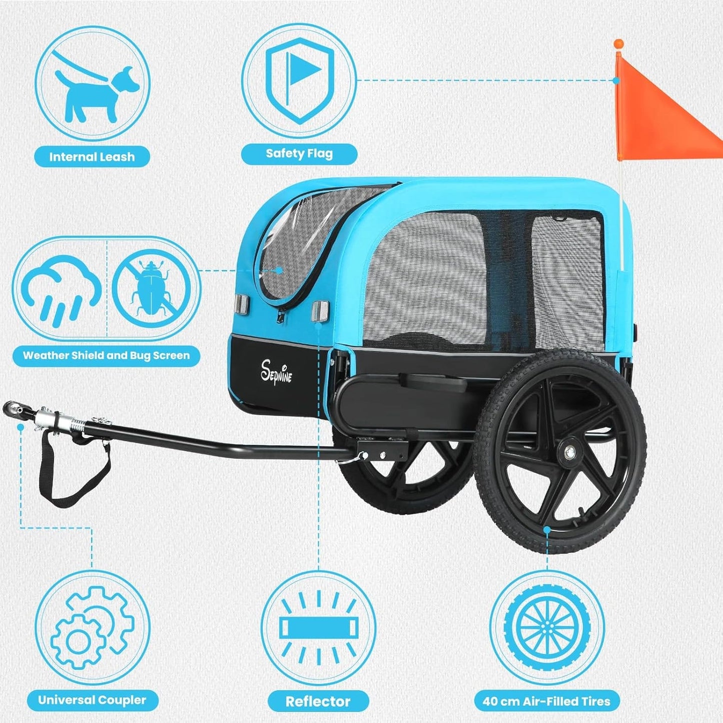 Bike Trailers 20303N | Pet Bike Trailer with Suspension & 23kg Capacity - Foldable Blue Dog Carrier for E-bikes