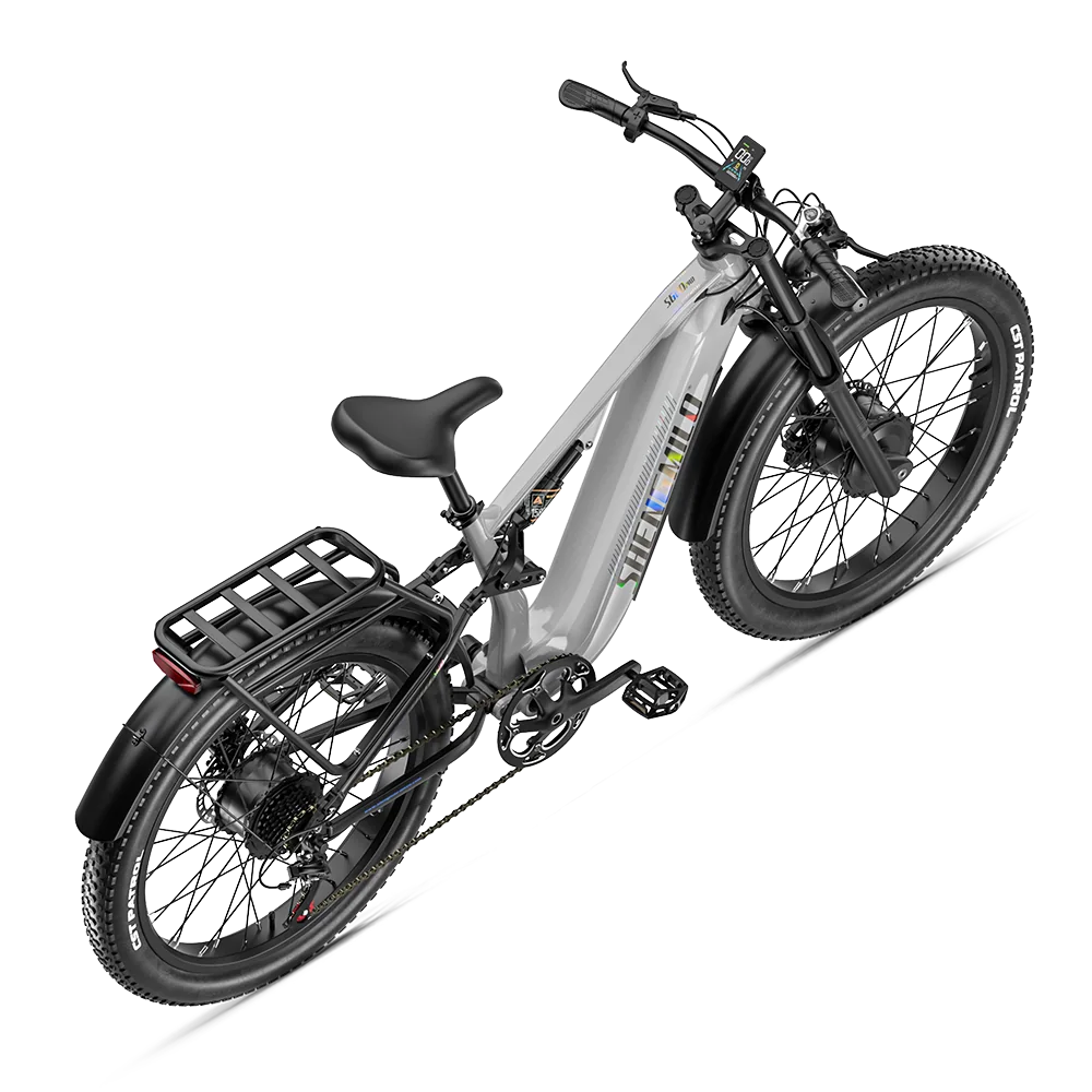 Shengmilo S600 PRO electric bike in a rear three-quarter view showing the frame and cargo rack