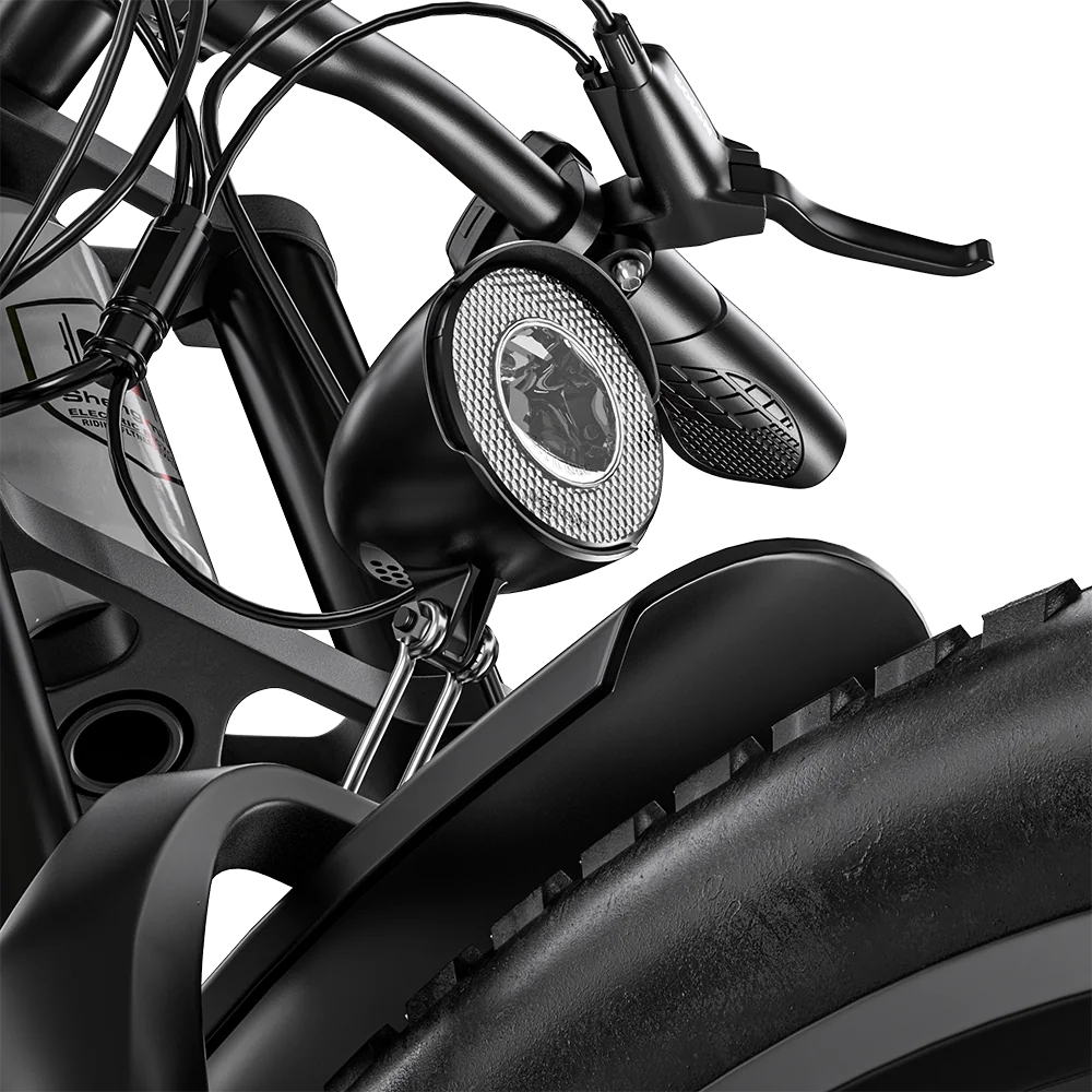 Close-up of the Shengmilo S600 PRO LED headlight above the front wheel
