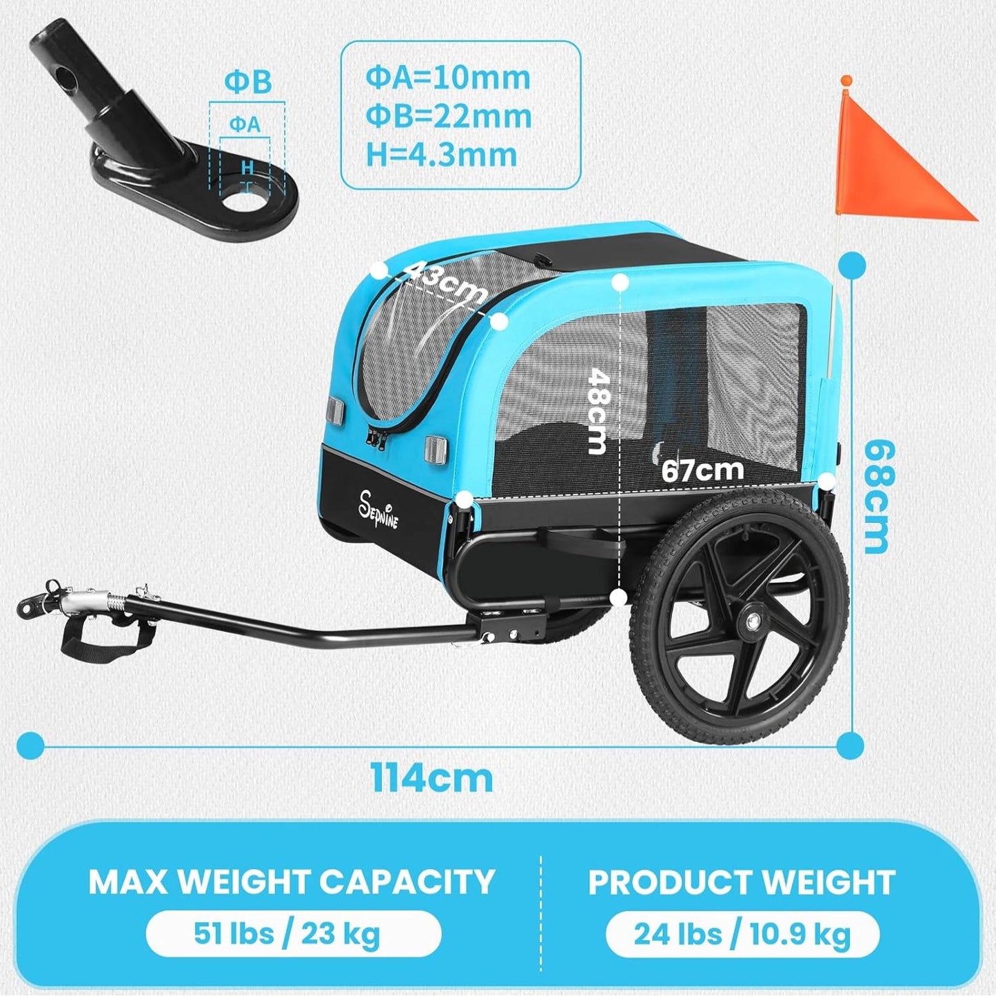 Bike Trailers 20303N | Pet Bike Trailer with Suspension & 23kg Capacity - Foldable Blue Dog Carrier for E-bikes