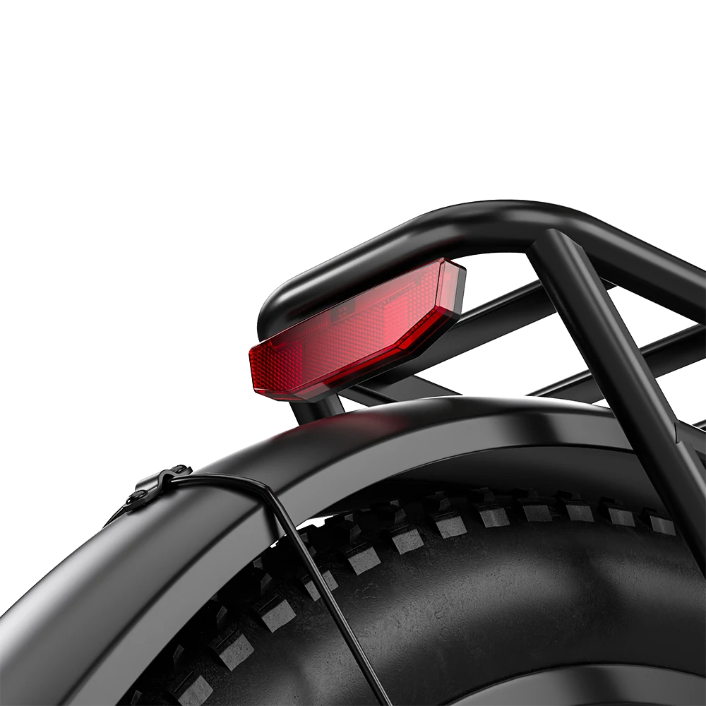 Close-up of the integrated rear light beneath the Shengmilo S700 PRO cargo rack.
