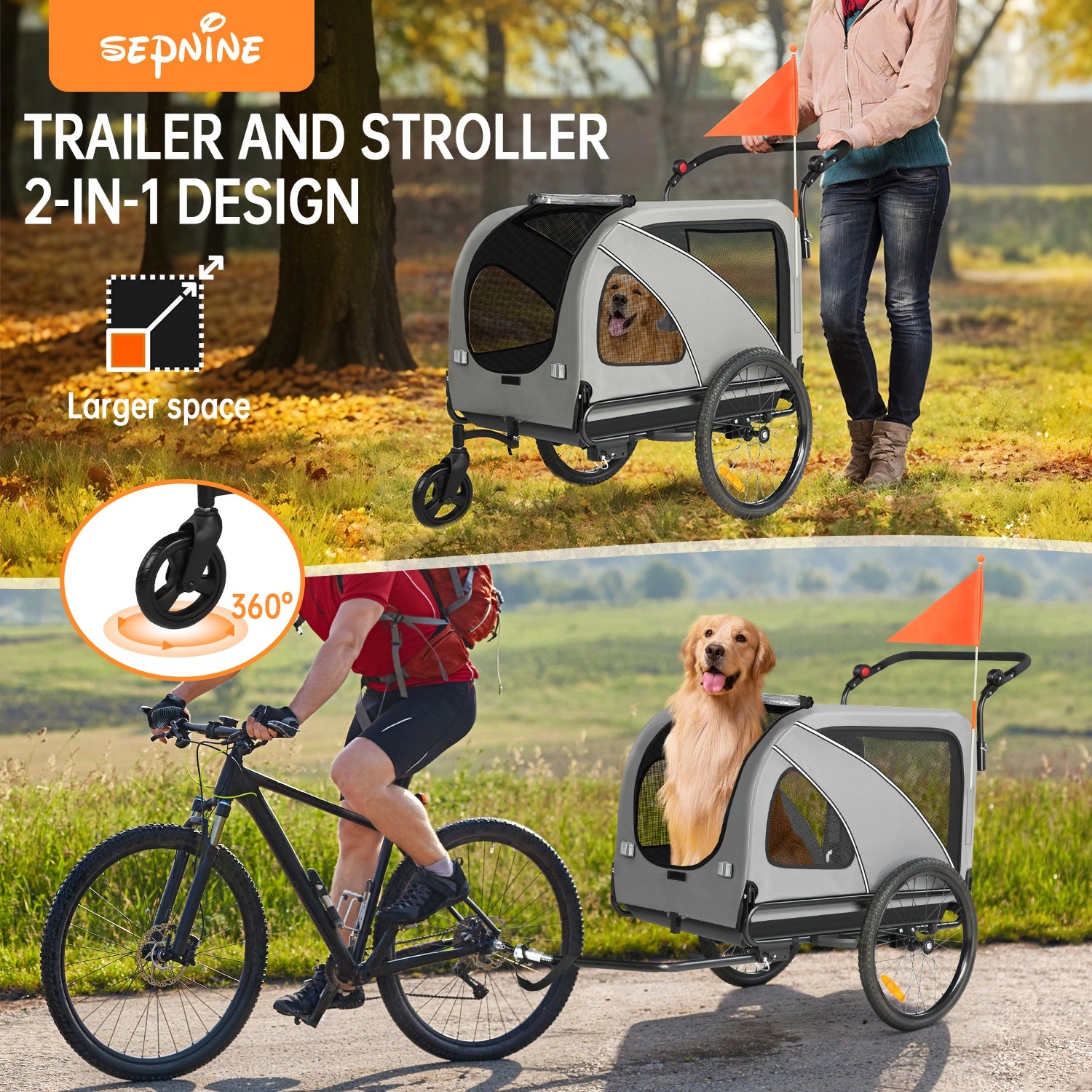Bike Trailers 10202NS ｜ 2-in-1 Pet Bike Trailer & Jogging Stroller - 50kg Capacity with Suspension & Adjustable Handlebar