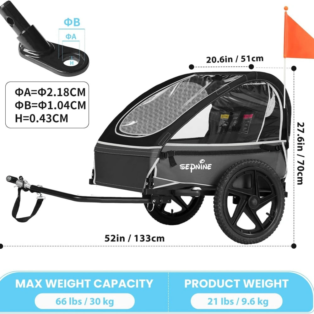 Bike Trailers BT609S ｜ Double Child Bike Trailer with 5-Point Safety Harnesses - Fits 1-2 Kids