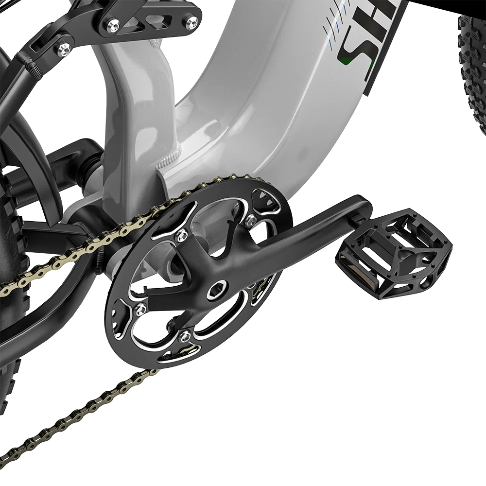Close-up of the Shengmilo S600 PRO crankset, chain and pedal