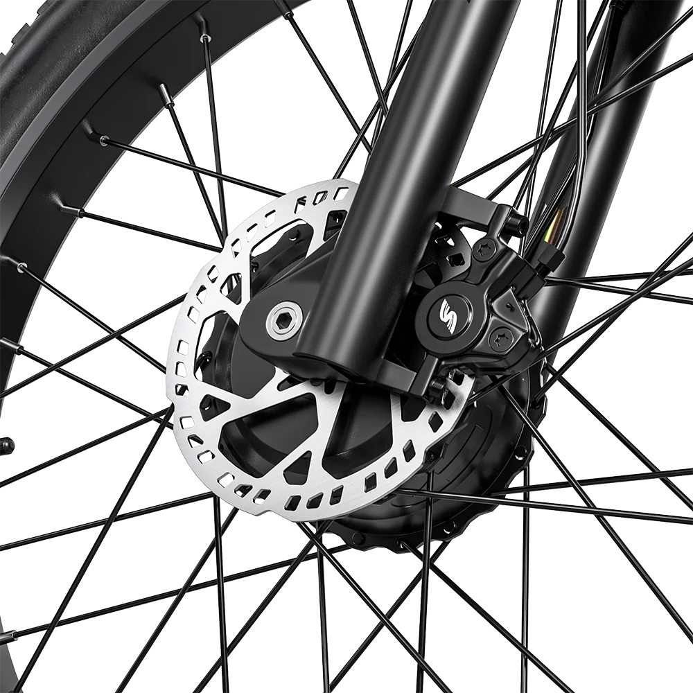 Close-up of the Shengmilo S600 PRO front disc brake rotor and caliper