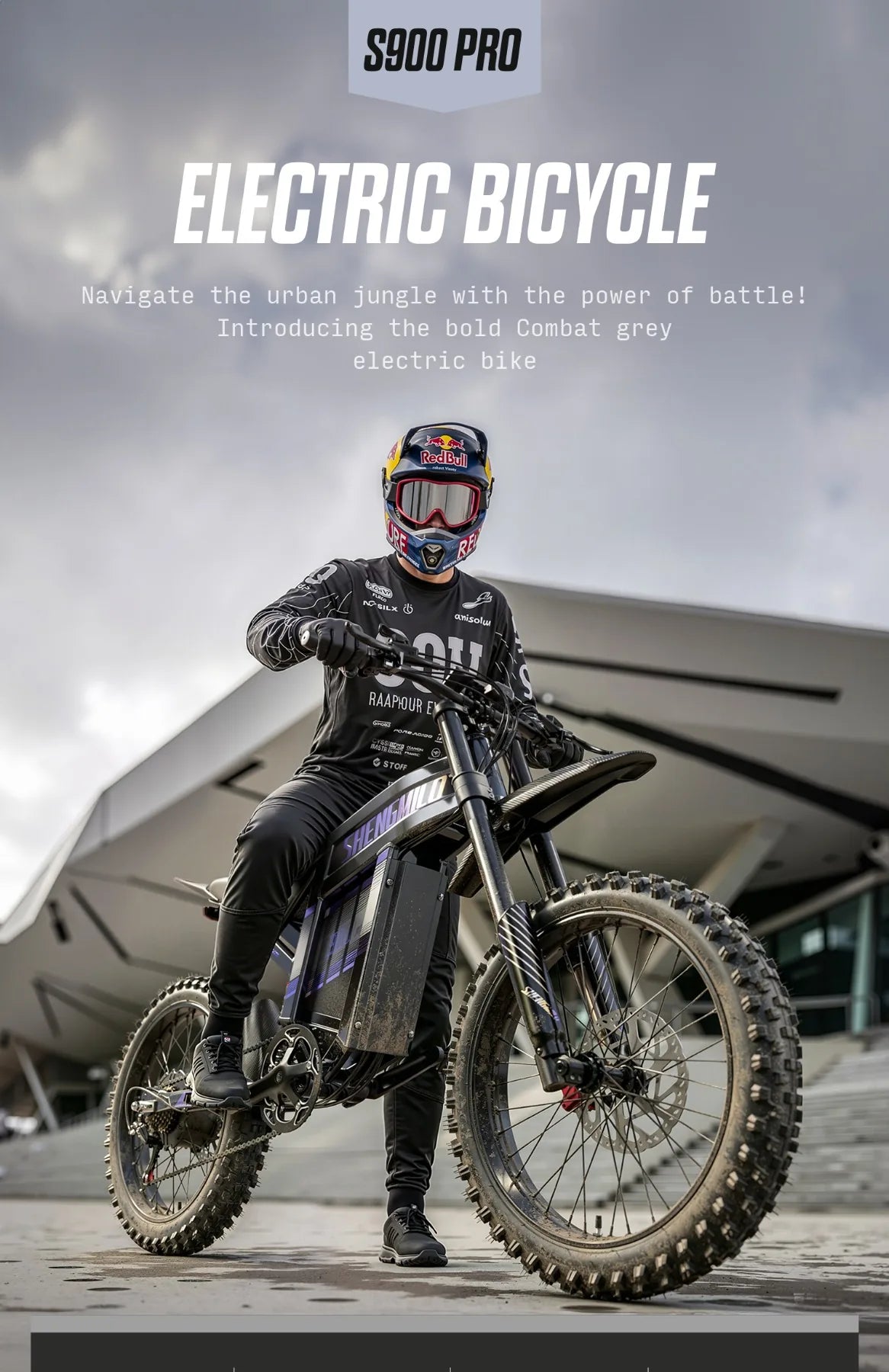 Shengmilo S900 Pro electric bike and rider; unverified lower-panel figures removed.