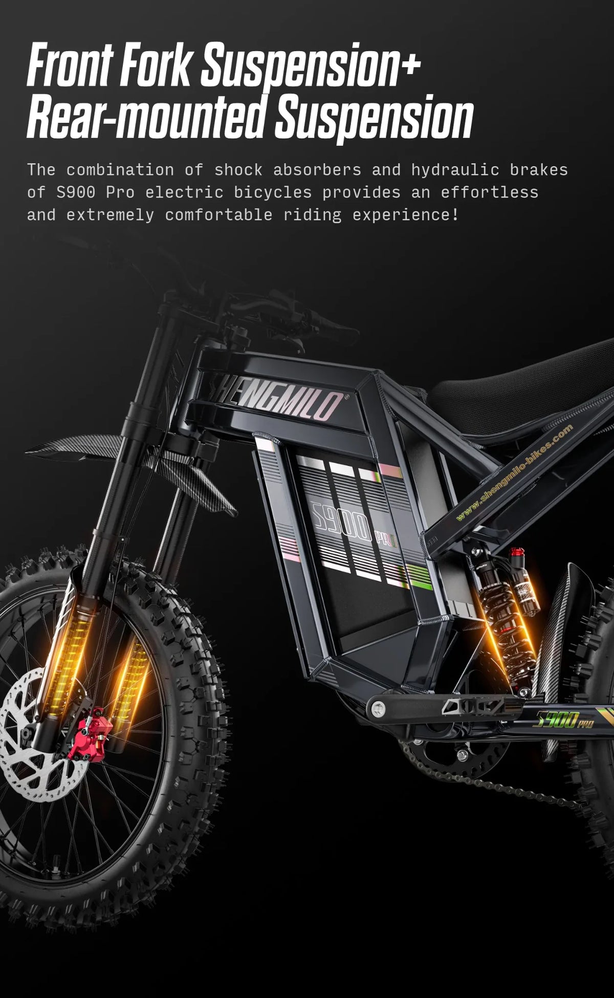 Front fork, rear suspension and hydraulic brakes on the Shengmilo S900 Pro.