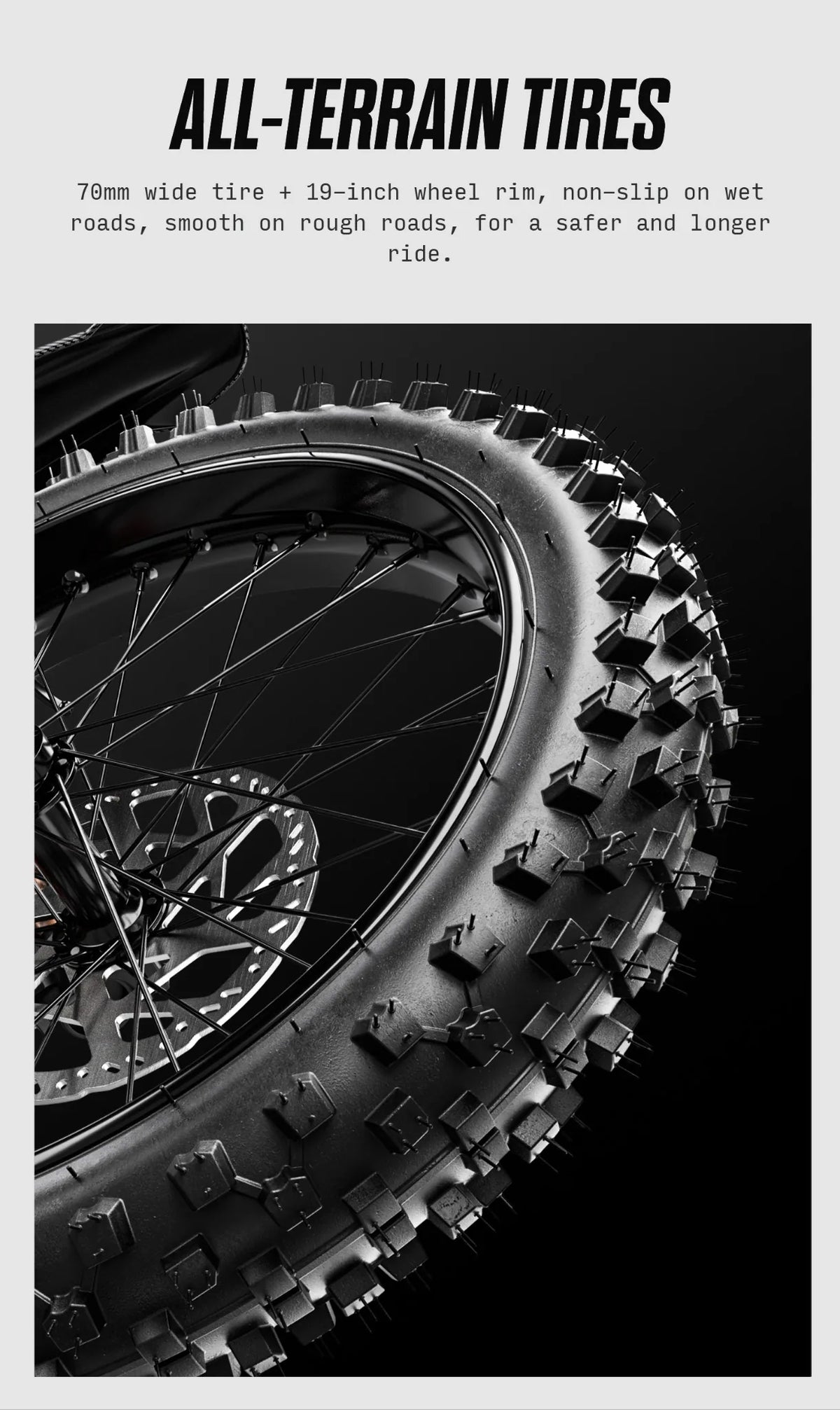 Close-up of the all-terrain tyre on the Shengmilo S900 Pro.
