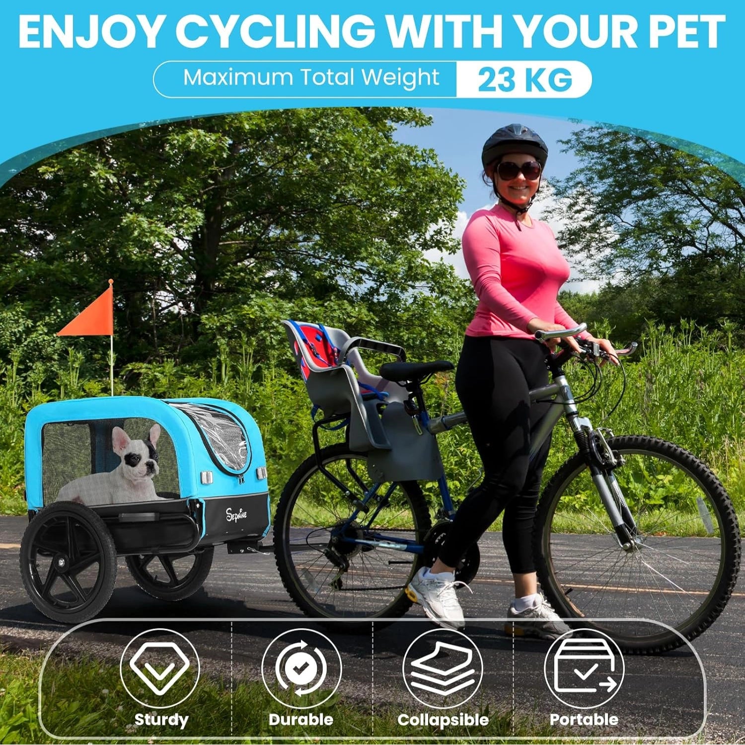Bike Trailers 20303N ｜ Pet Bike Trailer with Suspension & 23kg Capacity - Foldable Blue Dog Carrier for E-bikes