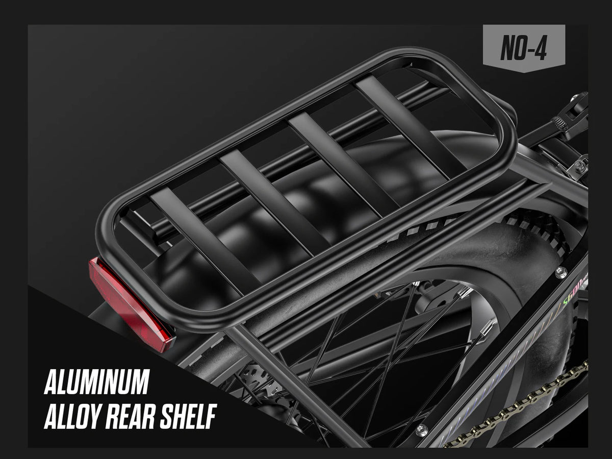 Close-up of the aluminum alloy rear cargo rack fitted to the Shengmilo S600 PRO.