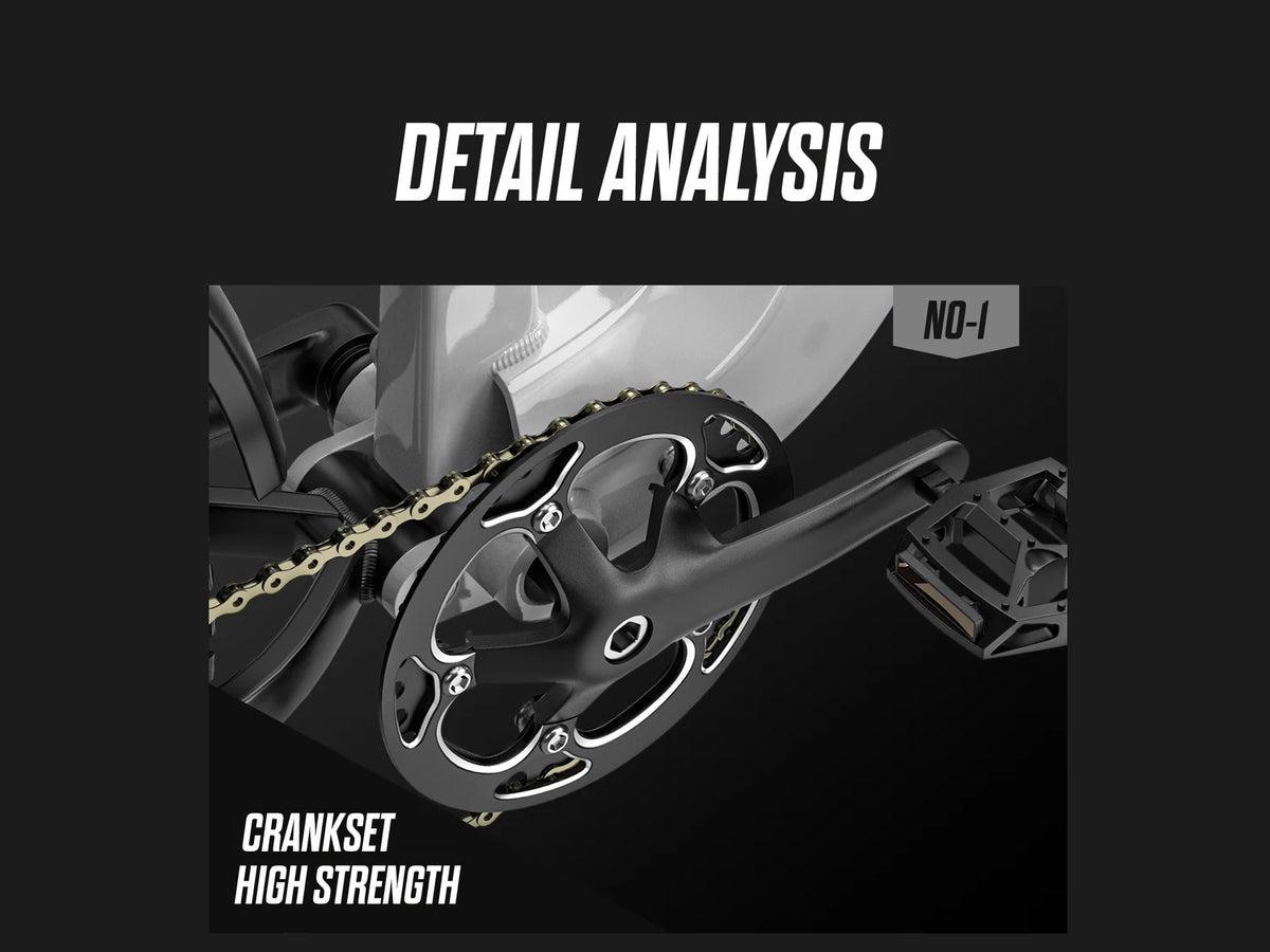Close-up of the Shengmilo S600 PRO crankset, chainring, chain and pedals.