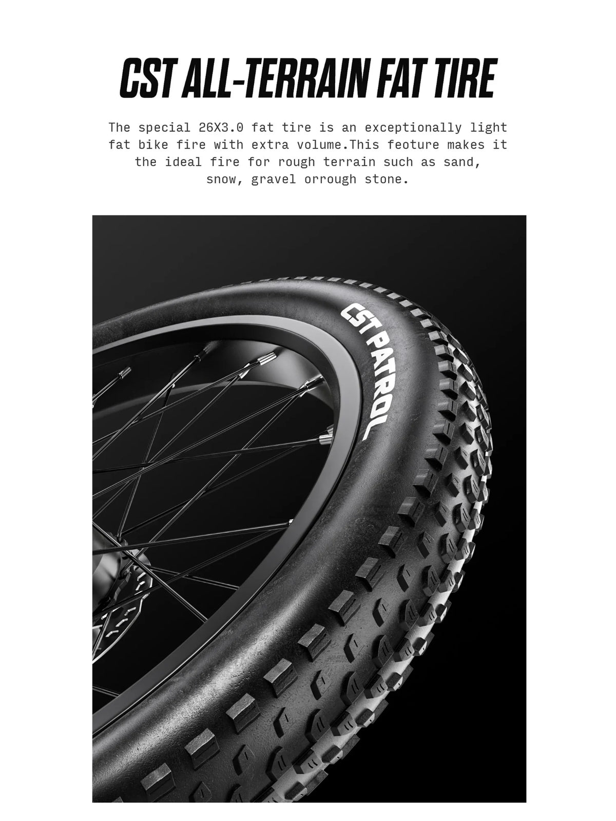 Close-up of the Shengmilo S600 PRO CST 26 by 3.0 all-terrain fat tire.