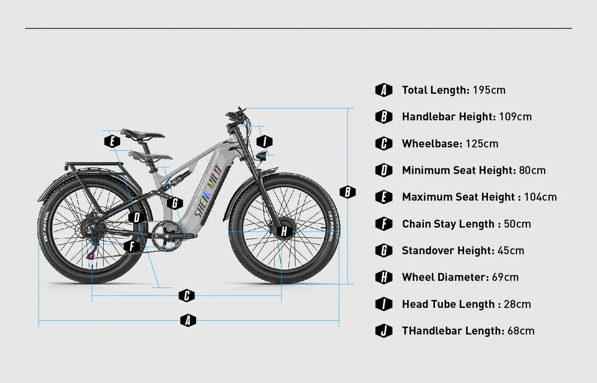 Shengmilo S600 PRO size diagram showing overall length, wheelbase, seat height and handlebar measurements.