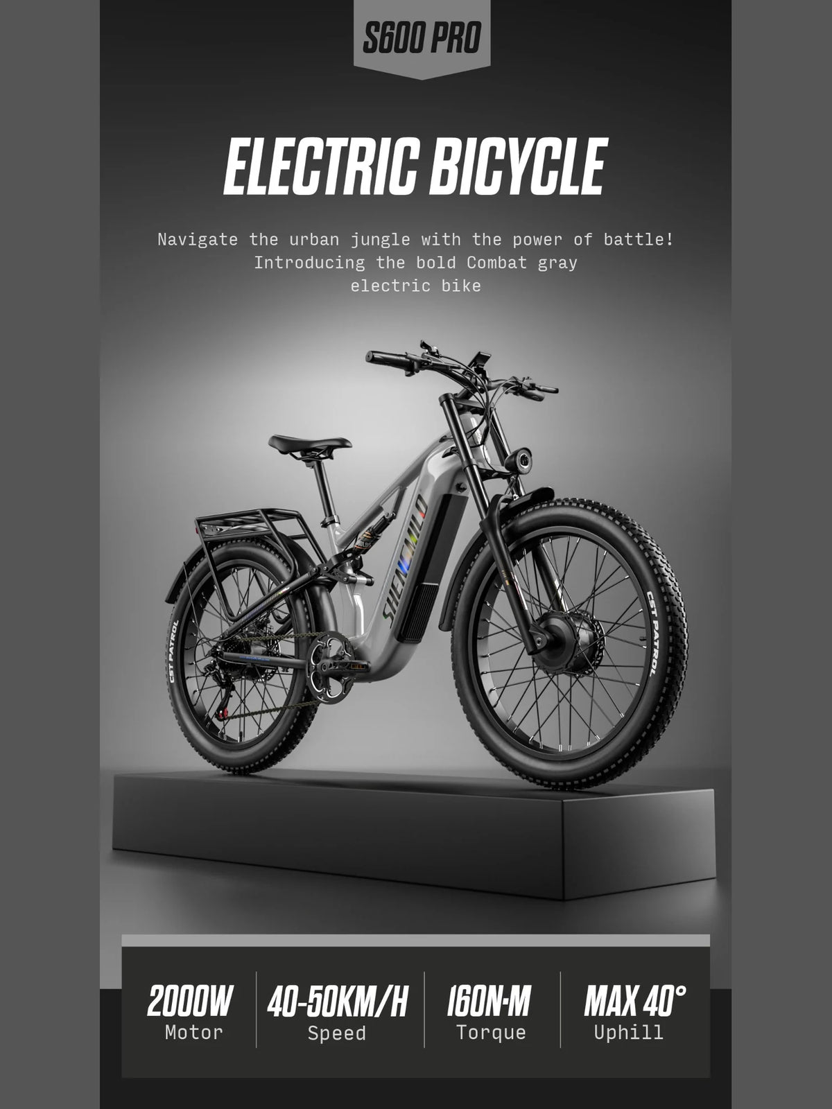 Shengmilo S600 PRO electric bicycle product overview with step-through frame, rear rack and fat tires.