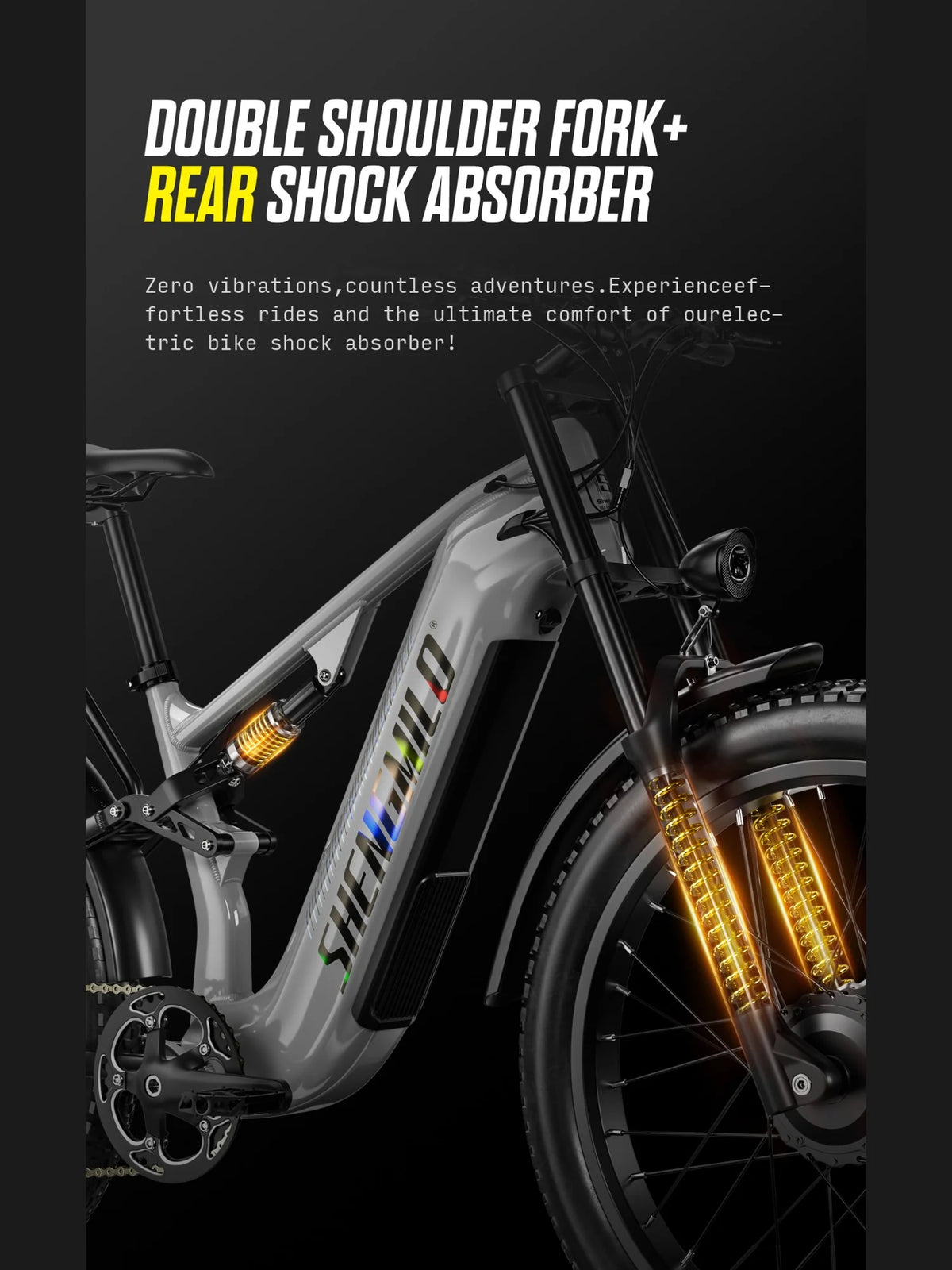 Shengmilo S600 PRO front fork and rear shock suspension, shown on the electric bike.