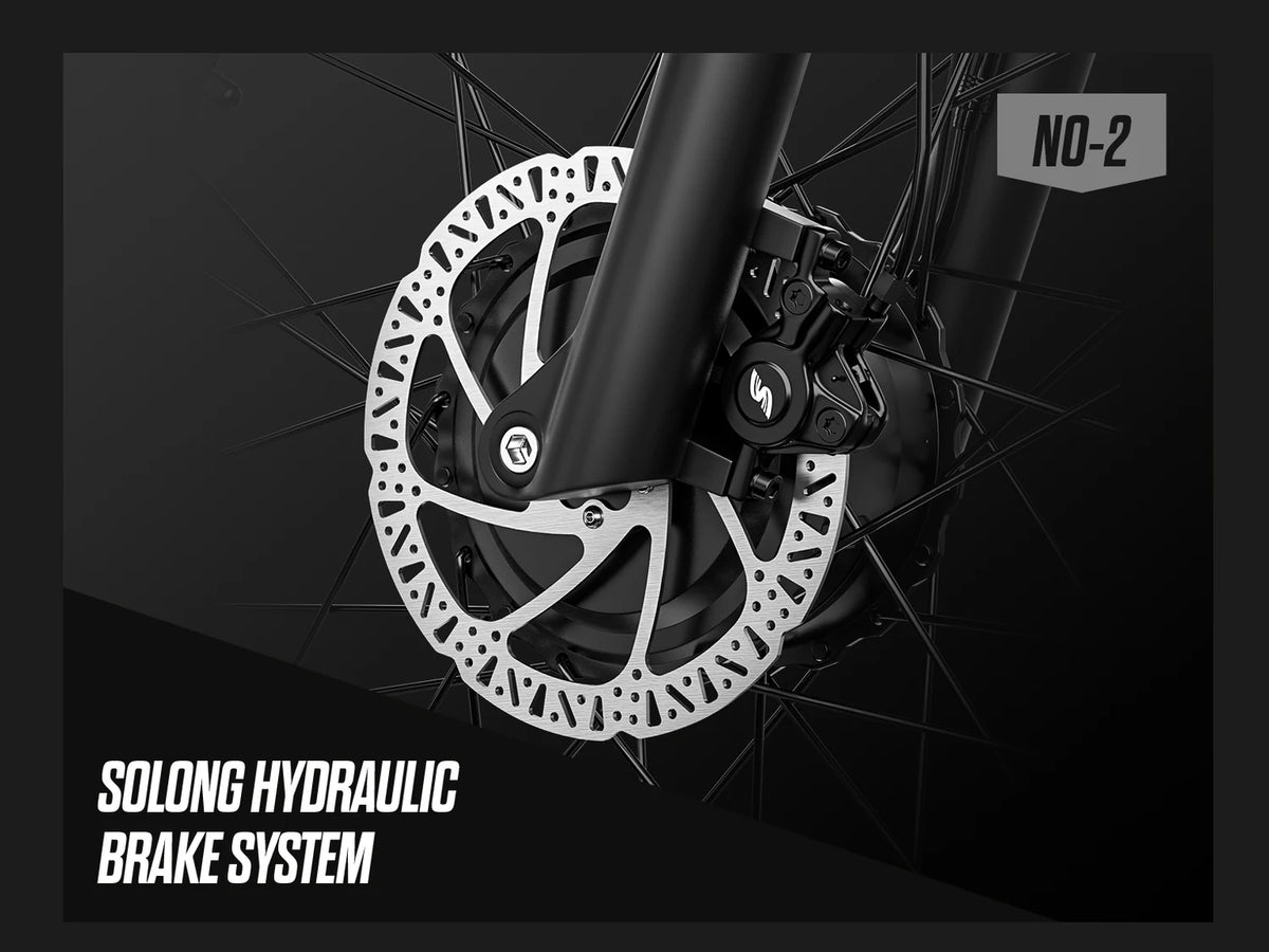 Close-up of the Shengmilo S600 PRO hydraulic disc brake rotor and caliper.