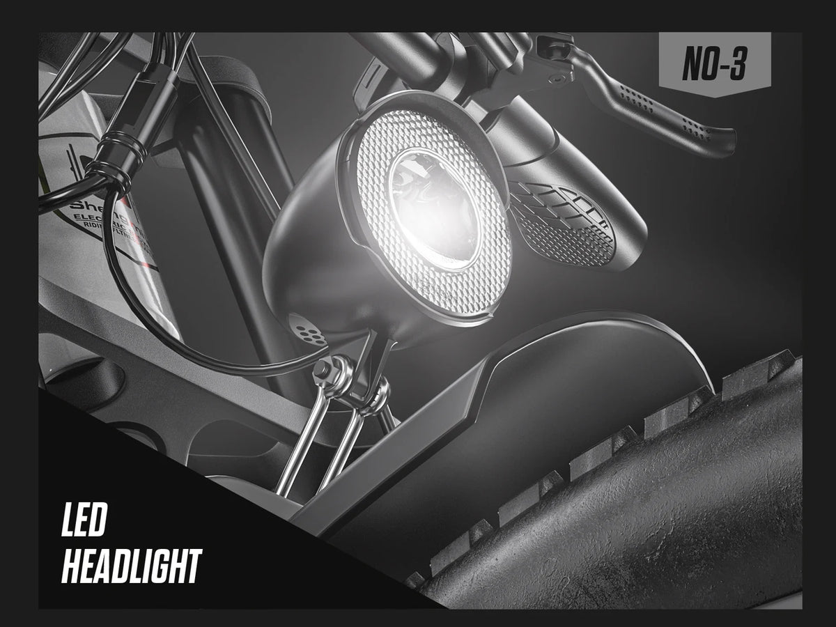 Close-up of the LED headlight mounted on the Shengmilo S600 PRO electric bike.
