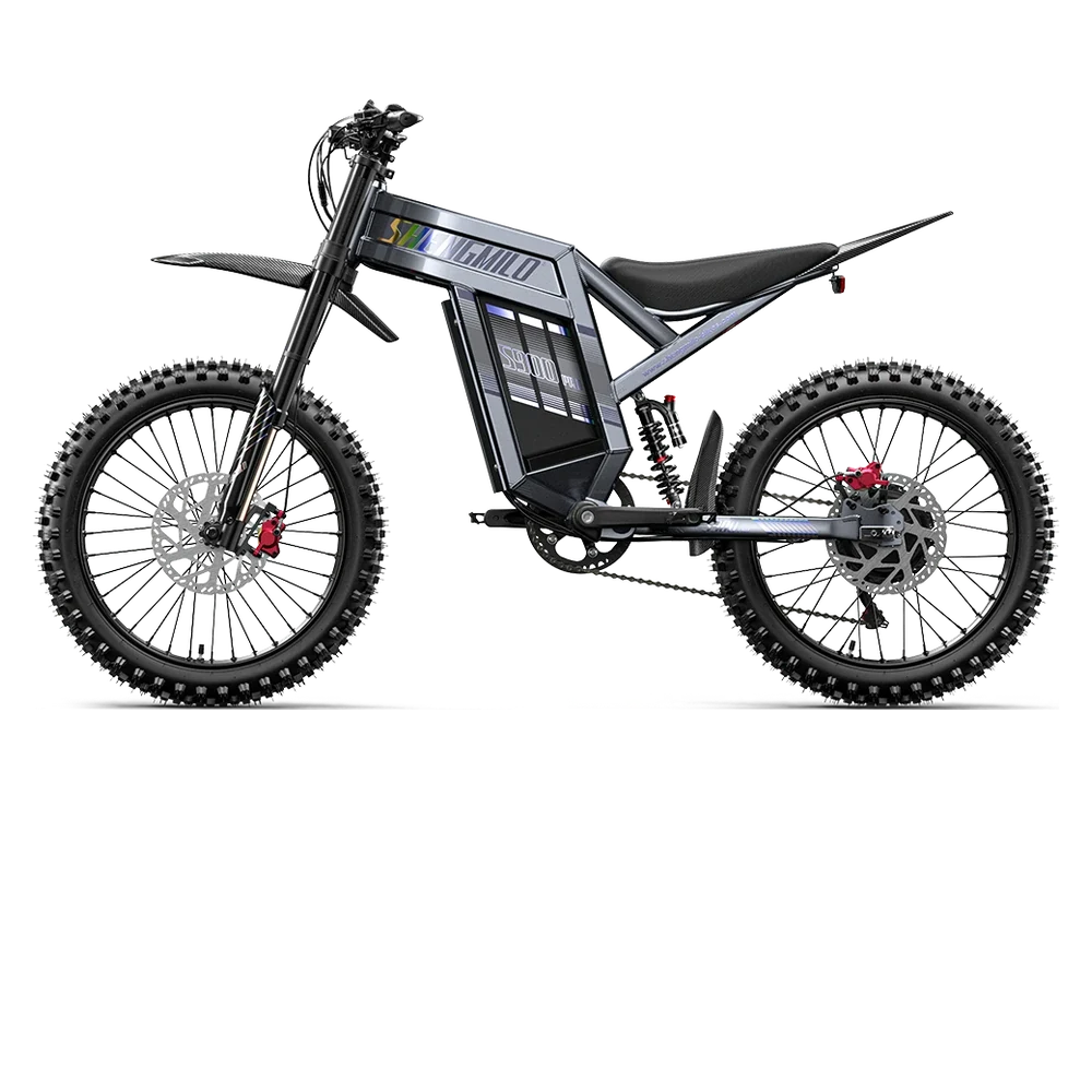 Shengmilo S900 PRO electric dirt bike side view, positioned higher for a navigation menu image.